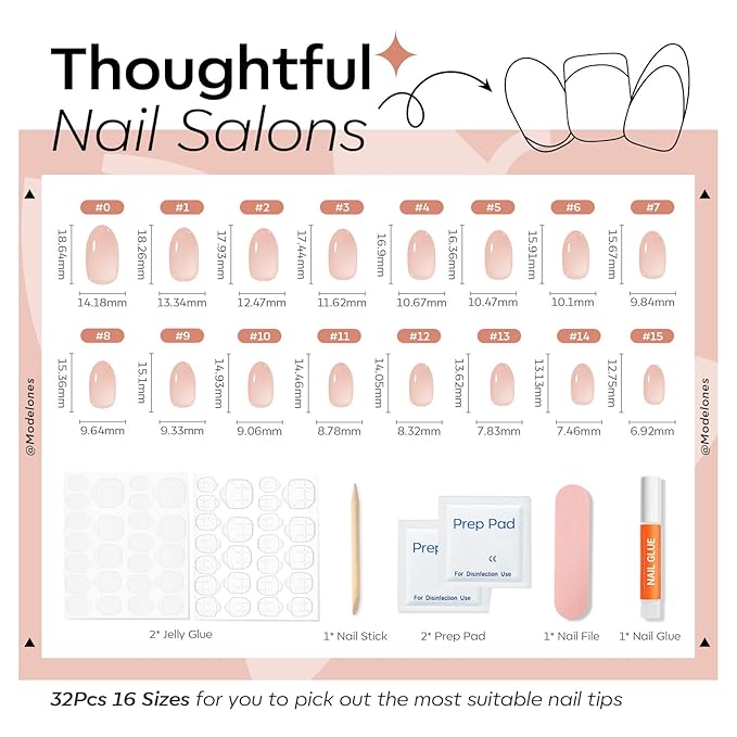 modelones Nude Short Press on Nails, Semi-Transparent Oval Fake Nails Kit Press Ons with Nail Glue, Adhesive Tabs, Nail File, Prep Pad, Manicure Stick, 32Pcs 16 Sizes, Spring Women Girl Gift