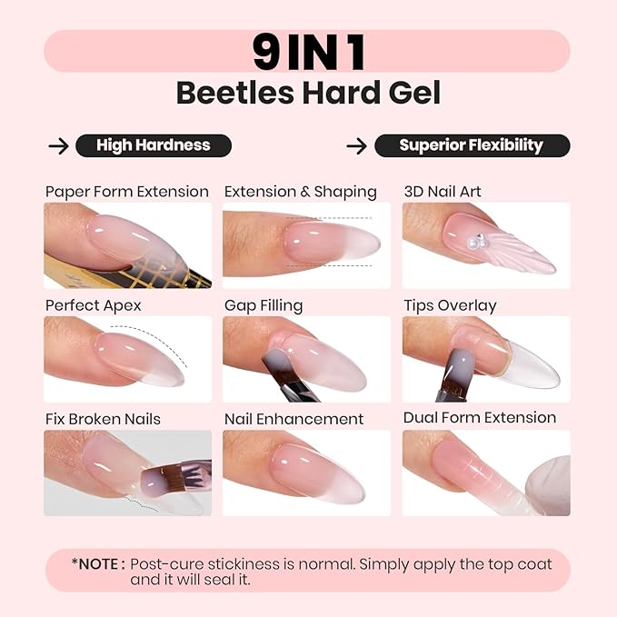 Beetles HEMA-Free Hard Gel for Nails-2 Pcs 1 oz 9 in 1 Clear & Jelly Nude UV & LED Lamp Cured Sculpting Gel for Nail Extension & Nail Repair with Flat Nail Brush High Hardness Nails for Pros Women