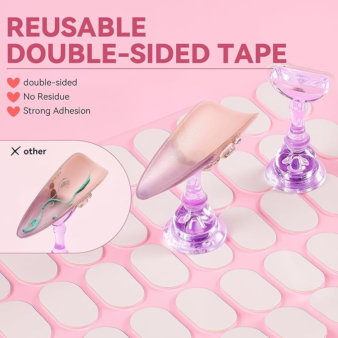 Nail Stand for Press On Art Display Practice 2 Sets, 1 Heart Acrylic Magnetic Nail Stands, Fake Nail Holder Tips, 200 PCS Double-Sided Tape, DIY Kit Home Supplies (Wood And Purple, Medium)