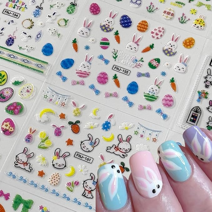 30 Sheets Easter Nail Stickers Green Flower Nail Art Stickers Self-Adhesive with Rabbit Easter Eggs Designs Nail Decals for Women Cute Nails Supplies