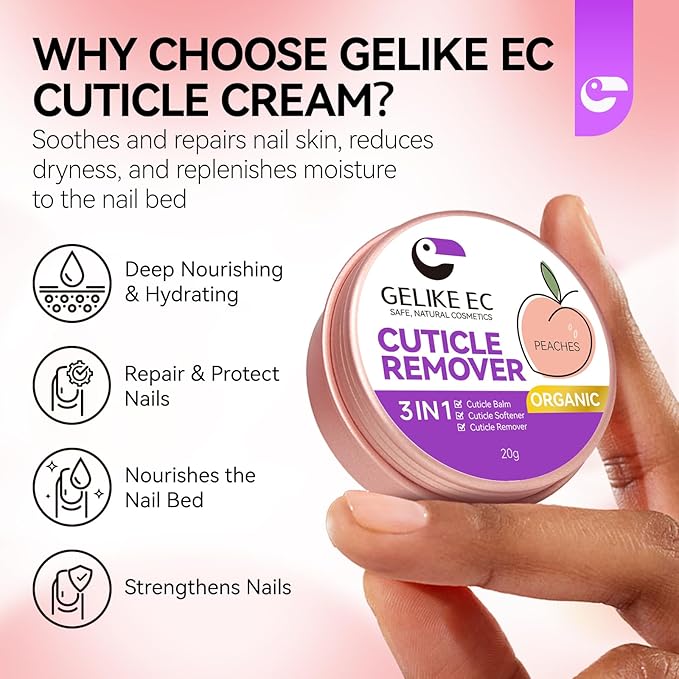 gelike ec Cuticle Cream for Dry Damaged Cuticles: Organic Moisturizer Nail Care Balm Cuticle Remover for Rough Hands Cracked Rigid Foot - Professional Nail Repair for Salon Home - Peach Scent