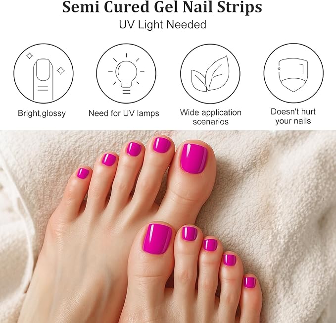 26 Pcs Semi Cured Gel Toe Nail Strips Hot Pink Gel Nail Stickers Full Cover Nails Wraps Self Adhesive Toe Nails Polish Strips Stickers for Women UV/LED Light Required