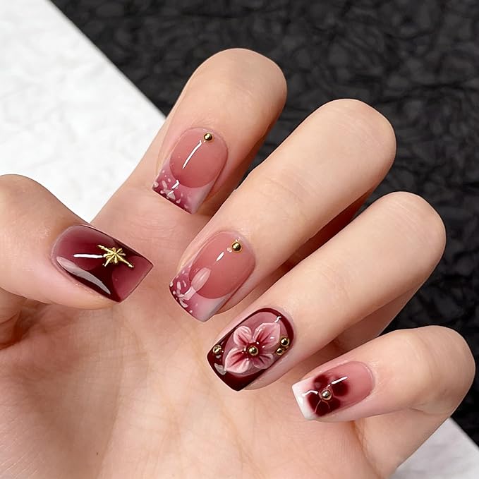 Handmade Press on Nails Glossy Cherry Red False Nails with 3D Flower & Golden Steel Designs Gradient French Tip Thicked Fake Nail Full Cover Muti-Layer Gel Acrylic Stick on Nails for Women (M)
