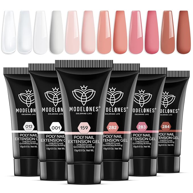 modelones Poly Nail Gel Set, 6 Colors Nude Pink Brown Daily Collection Poly Extension Gel Set Builder Manicure DIY Design Nail Art Home Salon Beauty Gift