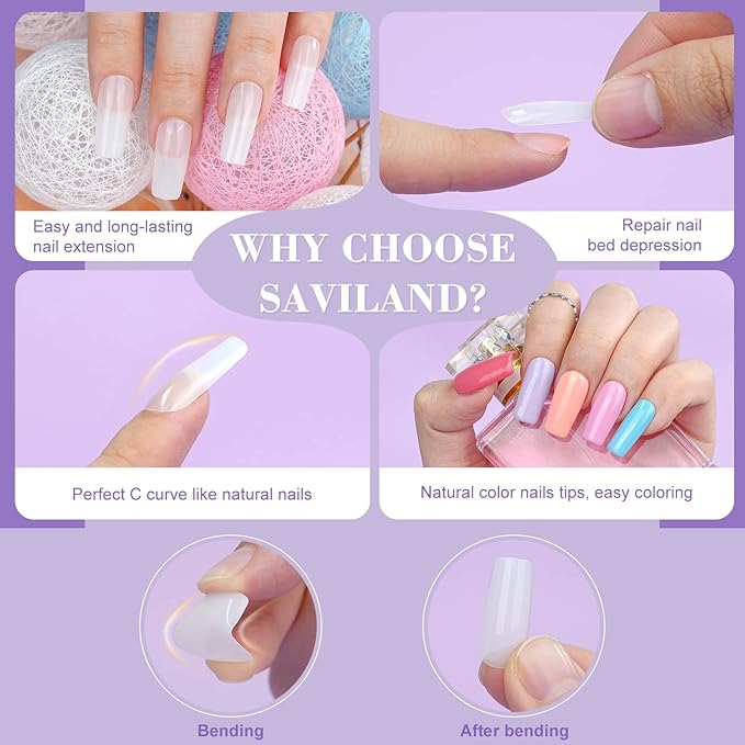 SAVILAND Gel Nail Kit – Natural Medium Square 500 PCS French Artificial Tips False Nails Acrylic Nails Full Cover Nails Tips Nail Art Home Salon Basic Set of Nail Extension