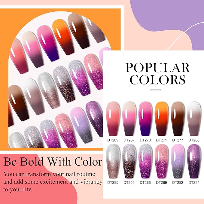 MEET ACROSS 12Pcs Color Changing Gel Nail Polish Set Purple Brown Glitter Temperature Mood Changed Nail Polish Gel DIY Salon Gift for Women
