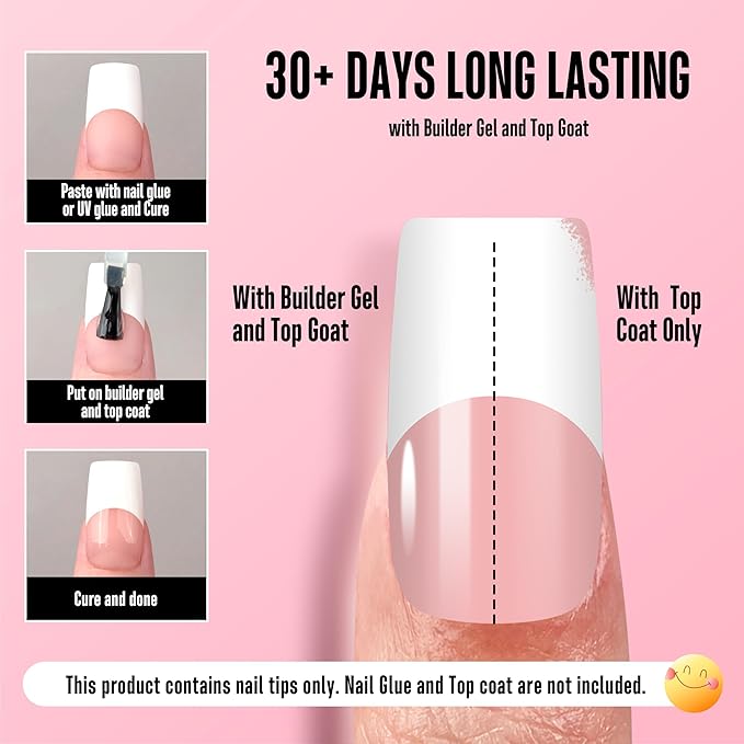 NOVO OVO Old School Wide White French Tip Nail Tips Press on, Medium Length Tapered Square BABY PINK, Extra Thick Soft Gel Fake Acrylic Extension, Need Builder Gel, Top Coat, Glue 15 Sizes 240 pcs