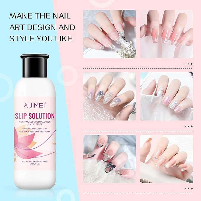 AIJIMEI Nail Slip Solution Kit for Polygel Extension Gel 120ml/4fl.oz Poly Nails Slip Solution with Dual-Ended Brush For Builder Hard Gel DIY