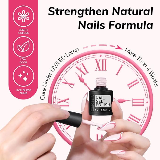 Coscelia 73pc Gel Nail Polish Kit with U V light, 60 Bottles Gel Nail Polish Soak off Top Base Coat Spring Colors Enchantment Collection Glitter Nail Rhinestones Gel Manicure Kit Valentines Day Gifts
