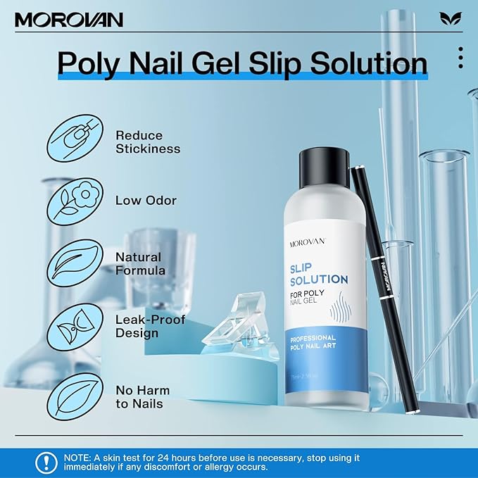 Morovan Nail Slip Solution Kit: 2.5 OZ Anti‑Stick Gel Liquid for PolyGel Nails with Dual‑Ended Brush & Nail Forms Ideal Easy Spread for Beginners