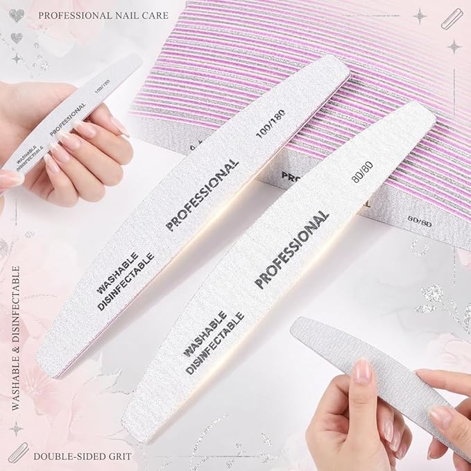 25PCS Professional Half Moon Emery Board Nail Files, 80/80 Grit Dual-Sided Buffer, Reusable Nail Filing Tools for Natural & Acrylic Nails, Home & Salon Manicure Supplies