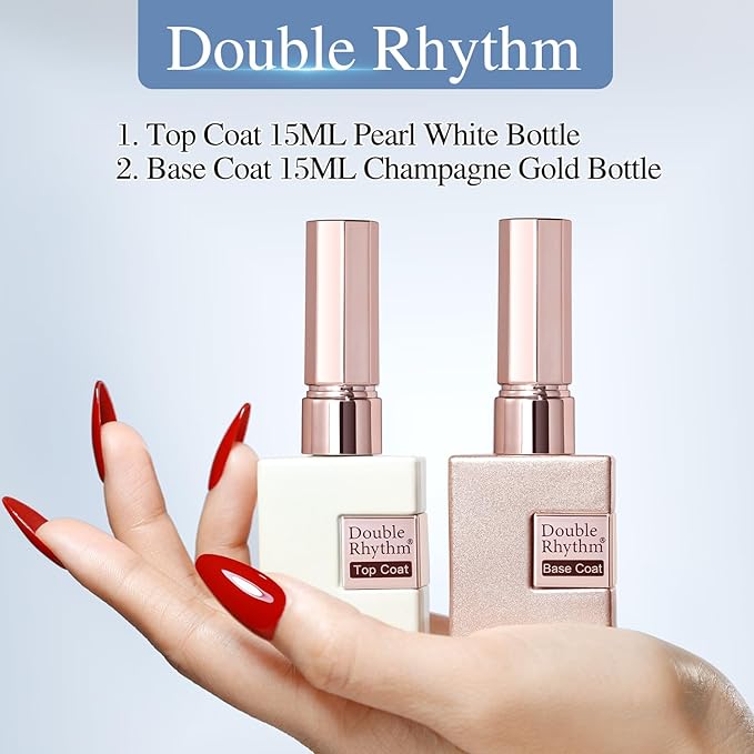 Double Rhythm 2 Pcs 15ML No Wipe Gel Top Coat and Base Coat Set Clear Glossy Gel Polish Kit Soak Off UV LED (Base and Top Coat)