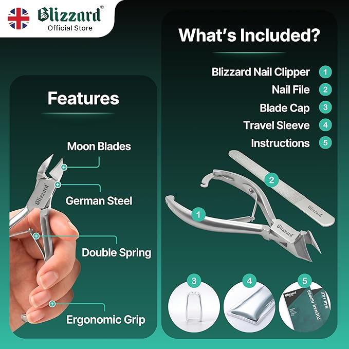 Nail Clippers for Men with Thick or Ingrown Toenails – Blizzard Podiatrist Toenail Clipper Set German Forged – 5.5 inch Heavy Duty Nail Cutter – Moon Head Smooth Handles - Hospital Grade