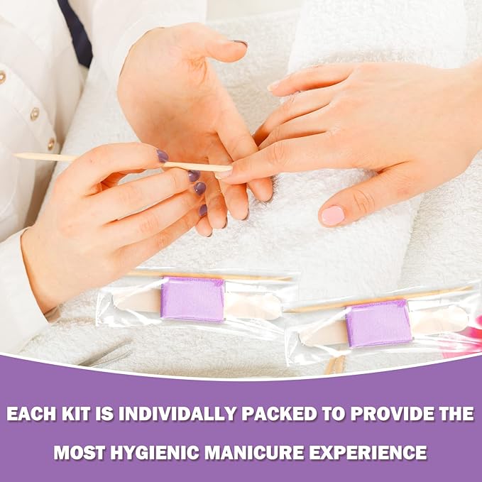 Leelosp 120 Sets Disposable Manicure Kit Basics 3 Pieces Nail Kit, White Wood Nail File 180/180 Grit, Purple Mini Buffer 100/100 Grit, Individually Packed Mini Pedicure Set for Fingernails Toenails