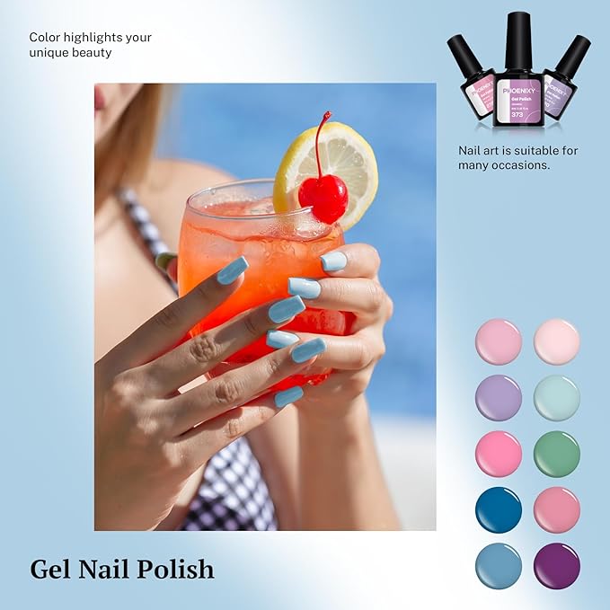 PHOENIXY 24 PCS Gel Nail Polish, Blue Sparkle Colors Gel Polish Set with Base Glossy Matte Top Coat Purple Pink Nail Polish Kit Gifts for Women