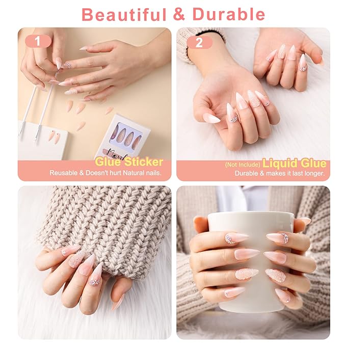 morily 24Pcs Ombre Press on False Nails with Design Glossy Pink Stiletto Fake Nails Kit Medium Length Long Luxury Crystal Acrylic Stick on Nails Tips Artificial Finger Manicure for Women