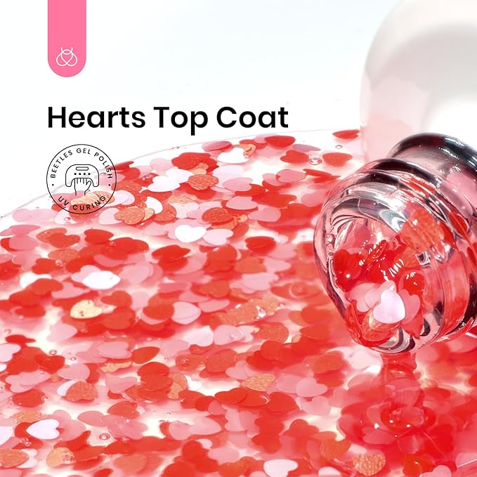 Beetles Spring Heart Glitter Top Coat Gel Polish, 15ml Clear Shine Pink & Red Heart Shape Gel, Soak Off UV No Wipe Gel Top Coat Sparkle Nail Gift for Women