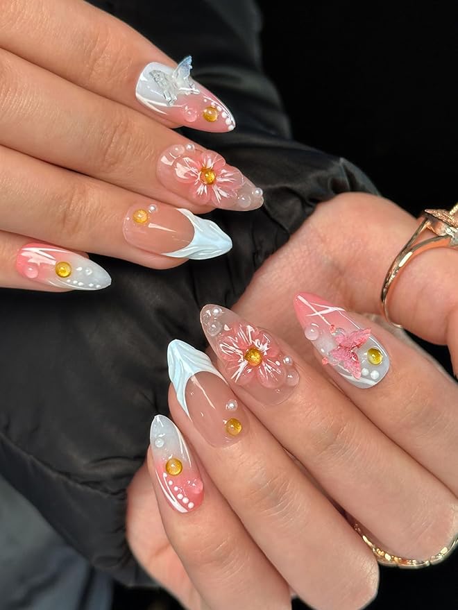French Press on Nails Handmade Almond Nails with Glue,Nude Medium Fake Nails with 5D Flower Art ＆ Pearl Design Muti-Layer Gel Handmade Nail Acrylic Nature False Nails for Wome (Size M)