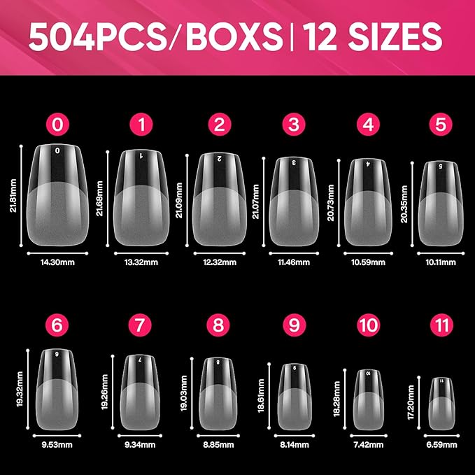 AIMEILI Short Square Fake Nails 504pcs Press on Nails Pre-shape Half Matte Nails Tips for Full Cover Acrylic French False Nails Nail Extension DIY 12 Sizes