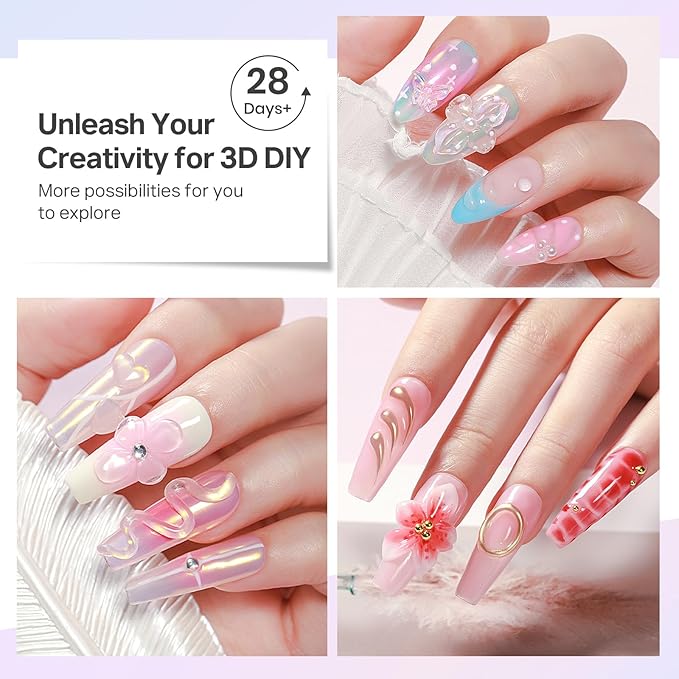 MIZHSE Clear 3D Gel Nail Art Solid Builder Gel for Nails, 5 in 1 Non-Sticky Sculpture Hand Carving Nail Extension Gels with 24pcs Dual Form for 3D Patterns Flowers for Beginner DIY Salon at Home