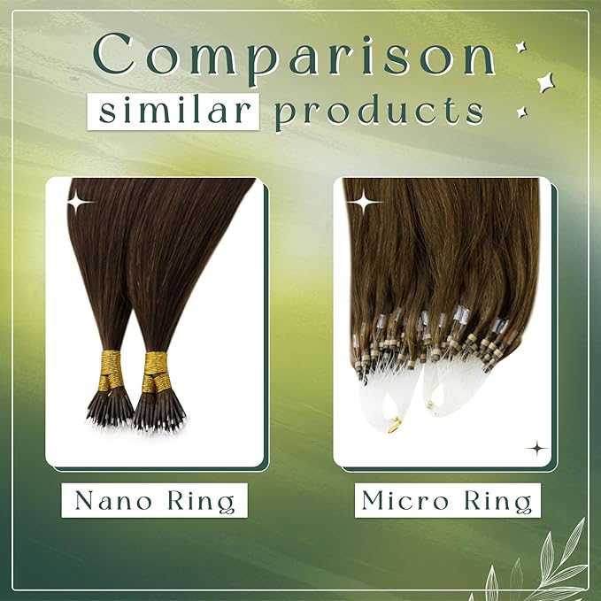 RUNATURE Brown Nano Link Human Hair Extensions, Long Nano Beads Real Hair,Straight Remy Hair,Full Ends,24 Inch,50 Gram,50 Strands