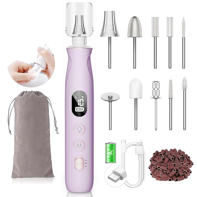 Nail Drill Kit, Electric Nail File with LCD & Lamp, Long-Lasting Thick Toenail Grind, Rechargeable & Cordless Toe Nail Care Tools for Women & Men Manicure and Pedicure Gifts