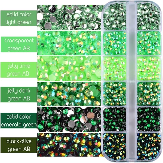 5 Boxes 12420pcs Sparkling Crystal Nail Rhinestones Kit, Flatback Multicolor Transparent Jelly AB Mermaid Gems with Pick Up Pen and Curved Tweezers for Manicure Salon & Craft DIY Designs (Green)