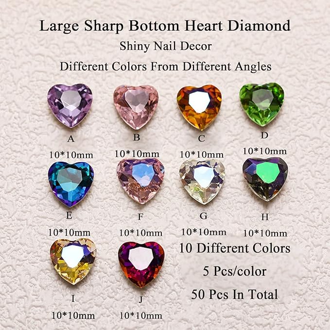Nail Charms for Acrylic Nails 50 Pcs Heart Nail Charms 3D Nail Gems and Rhinestones for Nail Art Sharp Bottom Nail Decorations for Women