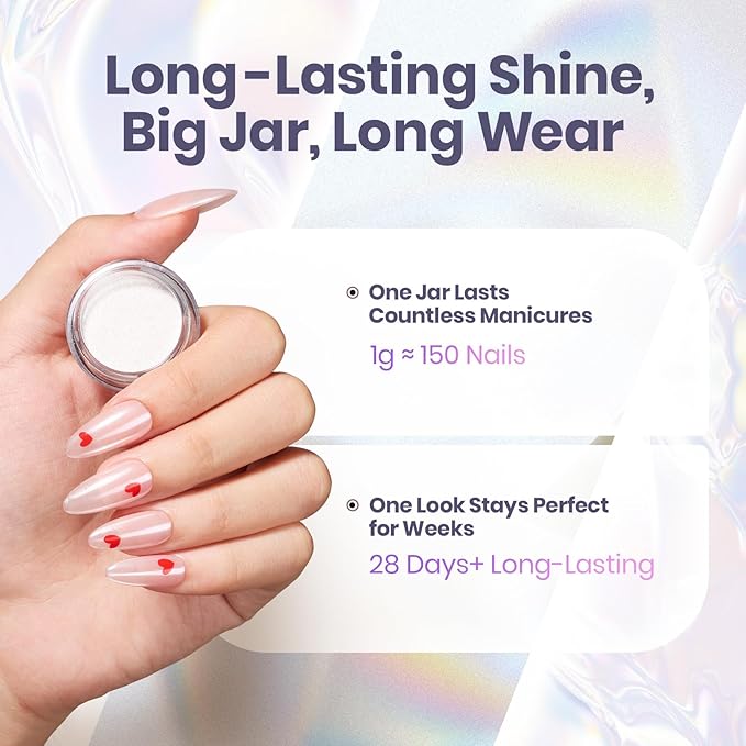 Beetles White Chrome Nail Powder Pearl Mirror Effect Crome Nail Powder for Gel Nails Glitter Manicure Gel Polish Holographic Pigment Nails Art Design Gifts for Women