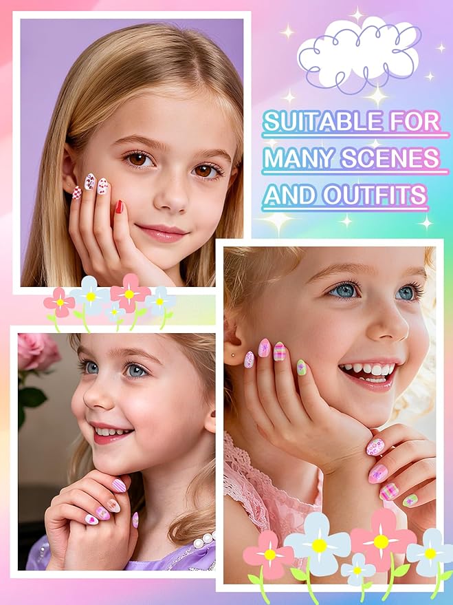 EBANKU 72Pcs Press on Nail Kids, 3 Pack Children Fake Nail Kit Full Cover Short False Fingernails with Nail Glue Nail Tools for Girl Nail Decoration