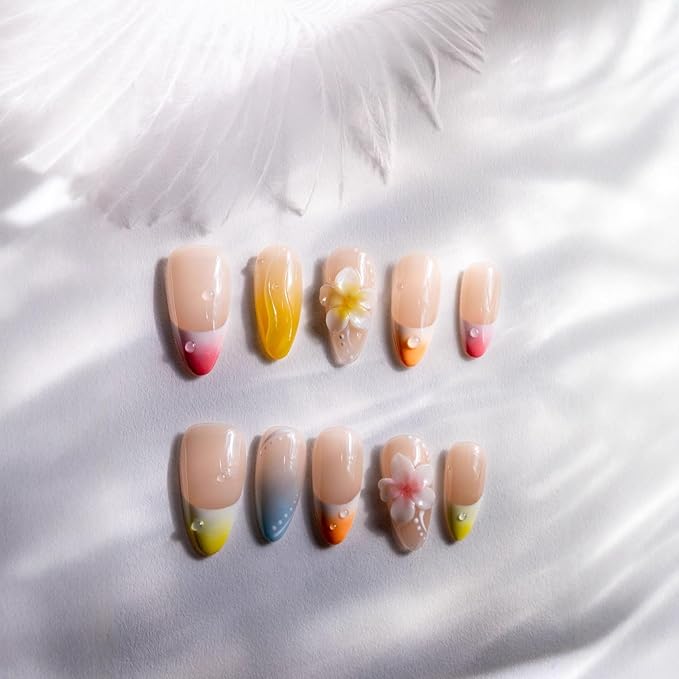 10PCS Luxury Handmade Press On Nails Nude Gradient Cat's Eye with Pearl Bow & Sparkling Rhinestones for Wedding & Party Reusable Almond Fake Nails Design Gift For Women and Girls (25903, M)