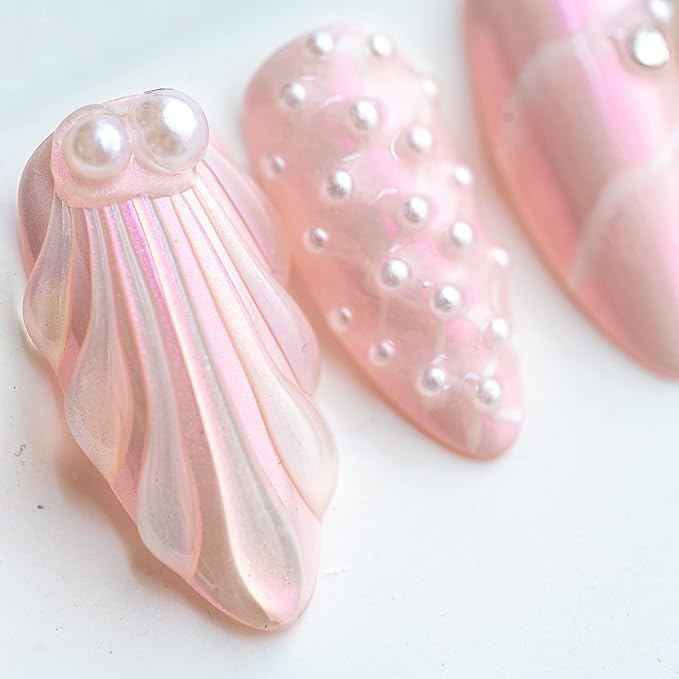 Sun&Beam Nails Handmade Press On Nail Medium Long Almond Oval Pink White Pearl Shell Fake Tip 3D Design Art Charms Cute with Storage Box 10 Pcs (#011 S)