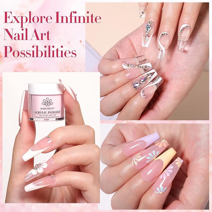 BORN PRETTY Acrylic Nail Kit - Acrylic Powder (Clear, White, Pink) & Liquid Set with Nail Forms, Brush Pen, File & Glass Container - Beginner Friendly