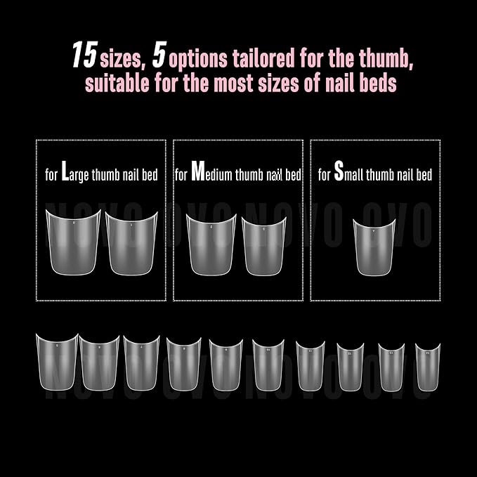 NOVO OVO Halloween Extra Thick Short Duck Feet Nail Tips with Moon Curve Full Cover Press on Acrylic, Clear Pre-Etched Matte Flare Wide French Soft Gel Fake False Nail Extension x 15 Sizes 510 pcs
