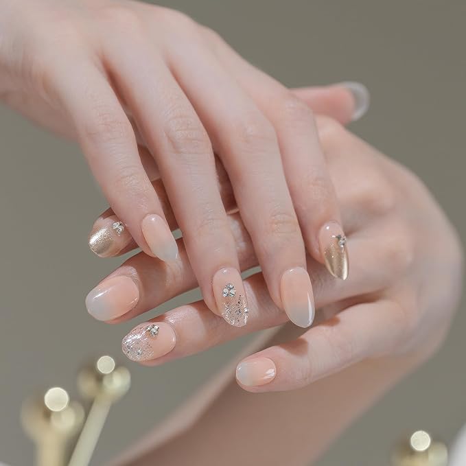 Sun&Beam Nails Handmade Press-on Short Round Orange Rhinestone Ombre Hand-Painted Design Fashion False Nail Tips 10 Pcs Set (#234 L)