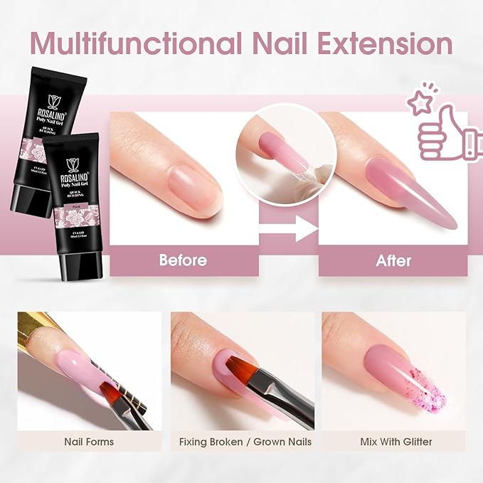 ROSALIND Purple Poly Extension Gel, 80ml/2.7 oz Purple Pink Poly Nail Gel Fall Colors Violet Builder Set for Nail Art Decoration, Nail Thickening Extension Easy to DIY Use at Home Need UV Lamp