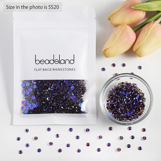 Beadsland 288pcs Flat Back Crystal Rhinestones Round Gems for Nail Art and Craft Glue Fix, Aurora Purple, SS30, 6.3-6.5mm