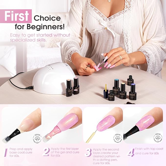 ROSALIND Pearl Gel Nail Polish - 12 Colors Pastel Pink Yellow Blue White Gel Polish Set with Dotting Pen Shell Swirl Thread Effect Soak Off UV Set Shimmer Nail Art Collection Valentine Gifts for Women