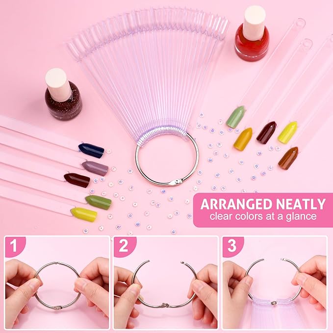 Subay 200 Pcs Nail Swatches Sticks with Number Stickers, Fan-Shaped Practice Nail Art Tips Sticks for Nail Polish Display, Nail Color Swatches Tools with Metal Split Ring for Gel Manicure Home Salon