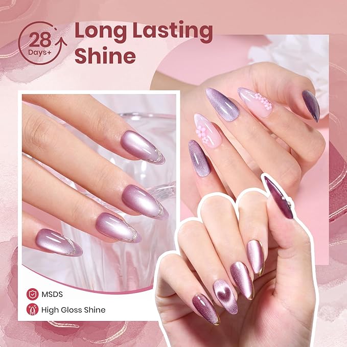 Beetles Cat Eye Gel Polish Nail Set - 6 Colors Purple Red Pink Glitter Magnetic Cat Eye Gel Fall Gel Polish Kit Soak Off UV Ceramic Rose Collection Manicure Gift for Women