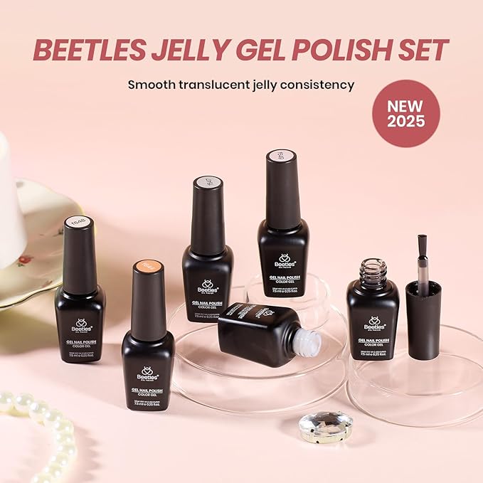 Beetles Jelly Gel Nail Polish Set, 6 Colors Nude Pink Red Gray Black White Gel Polish Kit Neutral Translucent Sheer Gel Soak off Uv Unfading Glow Collection French Nail Art Manicure Gift for Women