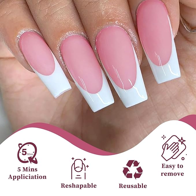 240PC White French Tip Press on Nails Medium Fake Nails Press ons with 5*Adhesive Tabs, Pink Coffin Acrylic Nail Press on Nail French Tip Nails False Artificial Fingernails Stick on Nails-A