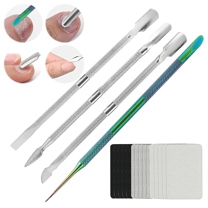 4 Pack Professional Nail Polish Around Cuticle Remover Tools, Pre-treatment Cuticle Pusher with 15 Sheets 100/180/240 Grit Sandpaper, Dual-Ended Russian Nail Polish for Manicure Pedicure Salon