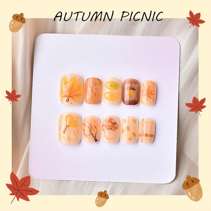 30Pcs Fall Press on Nails Short Square Fake Nails with 3D Maple Leaf Mushroom Design Pinecone Fallen Leaves False Nails Thanksgiving Glossy Glue on Nails Full Cover Artificial Stick on Nail for Women