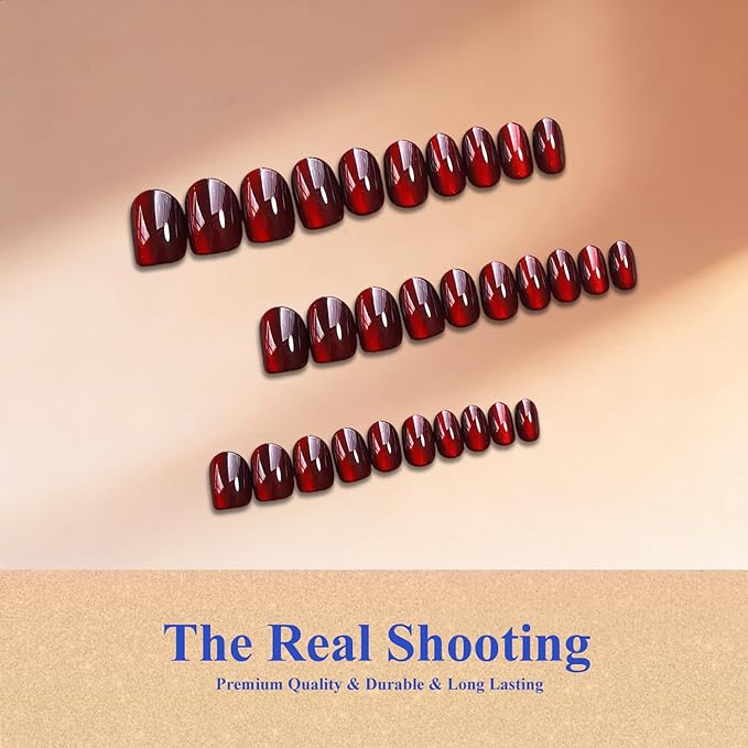 Cat Eye Press on Nails Short, Chrome Press on Nails Oval, Thick Glazed Dark Wine Red Fake Nails Press ons for Women Party Prom, Reusable Magnet Glitter Glue On Nails Almond in 15 Sizes, 30 Pcs