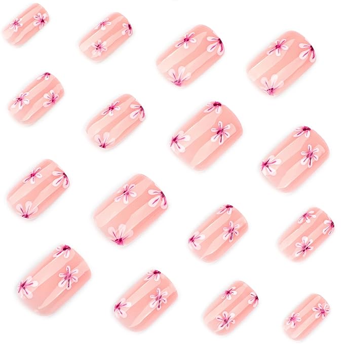 Press on Nails Square - Short Fake Nails with Pink Flower Design - Cute, Spring False Nails Press ons - for Women 24 Pcs