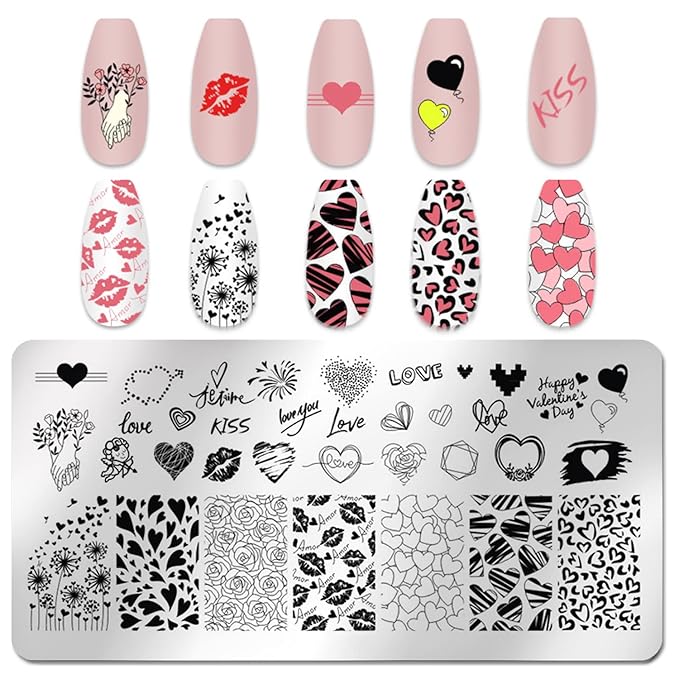 SILPECWEE 6 Pieces Valentine's Day Nail Stamp Nail Stamping Plate Holiday Heart Nails Design Nail Stencils Nail Art Template Nail Polish Stamp Tools Nail Art Accessories for Acrylic Nails