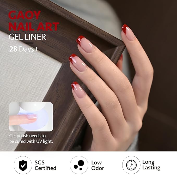 GAOY Red Swirl Gel Nail Polish Art Liner, 12ml Bright Red Color Nail Paint Design with Thin Brush, UV Light Cure for DIY French Manicure at Home