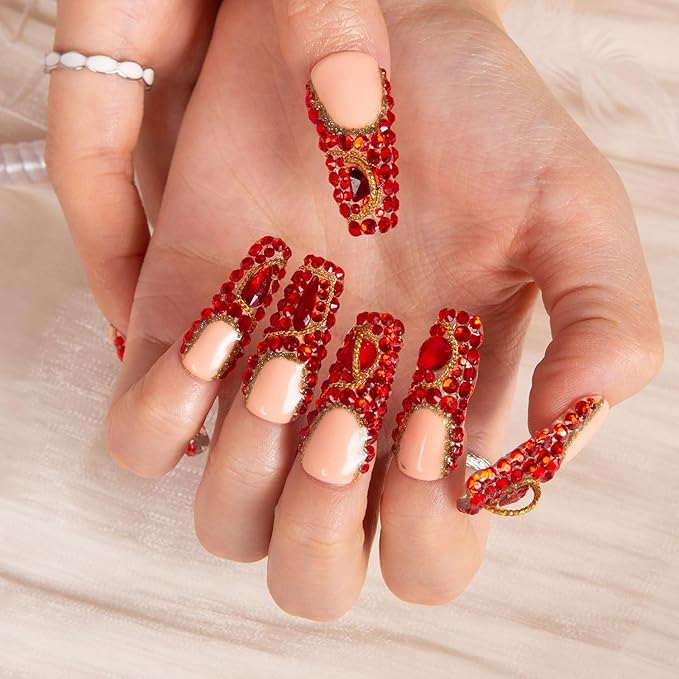LOVFUL Press on Nails Flamingo | Handmade with Full Covered Crystals | Reusable Full Cover Nails | Coffin Classic Regular 1.3 in | H37-S