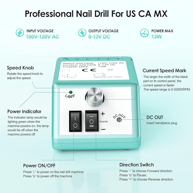 Professional Nail Drill Machine 20000 RPM Efile Electric Nail Filer Kit for Finger Toe Nails, Acrylic Gel Dip Nails, Manicure Pedicure Drill Tools with 6Pcs Nail Bits and 106Pcs Sanding Bands, Green